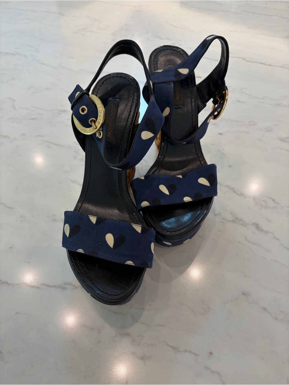 Louis Vuitton Navy Polka Dot Raffia Espadrille Wedge Sandals - Picture 3 of 9